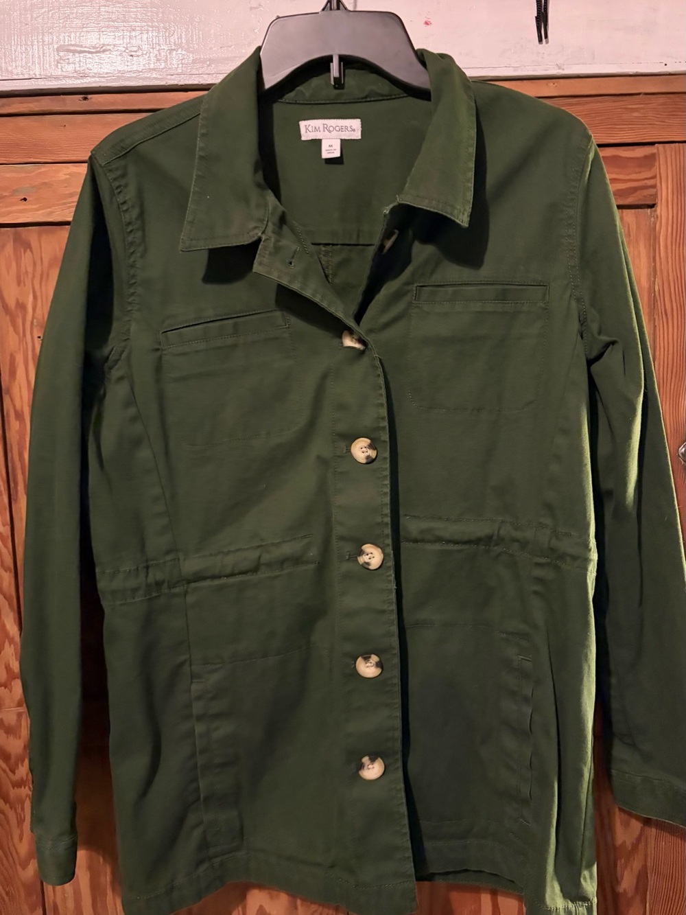 Kim Rogers Olive Utility Jacket with Button Front. Women’s size medium. VGUC